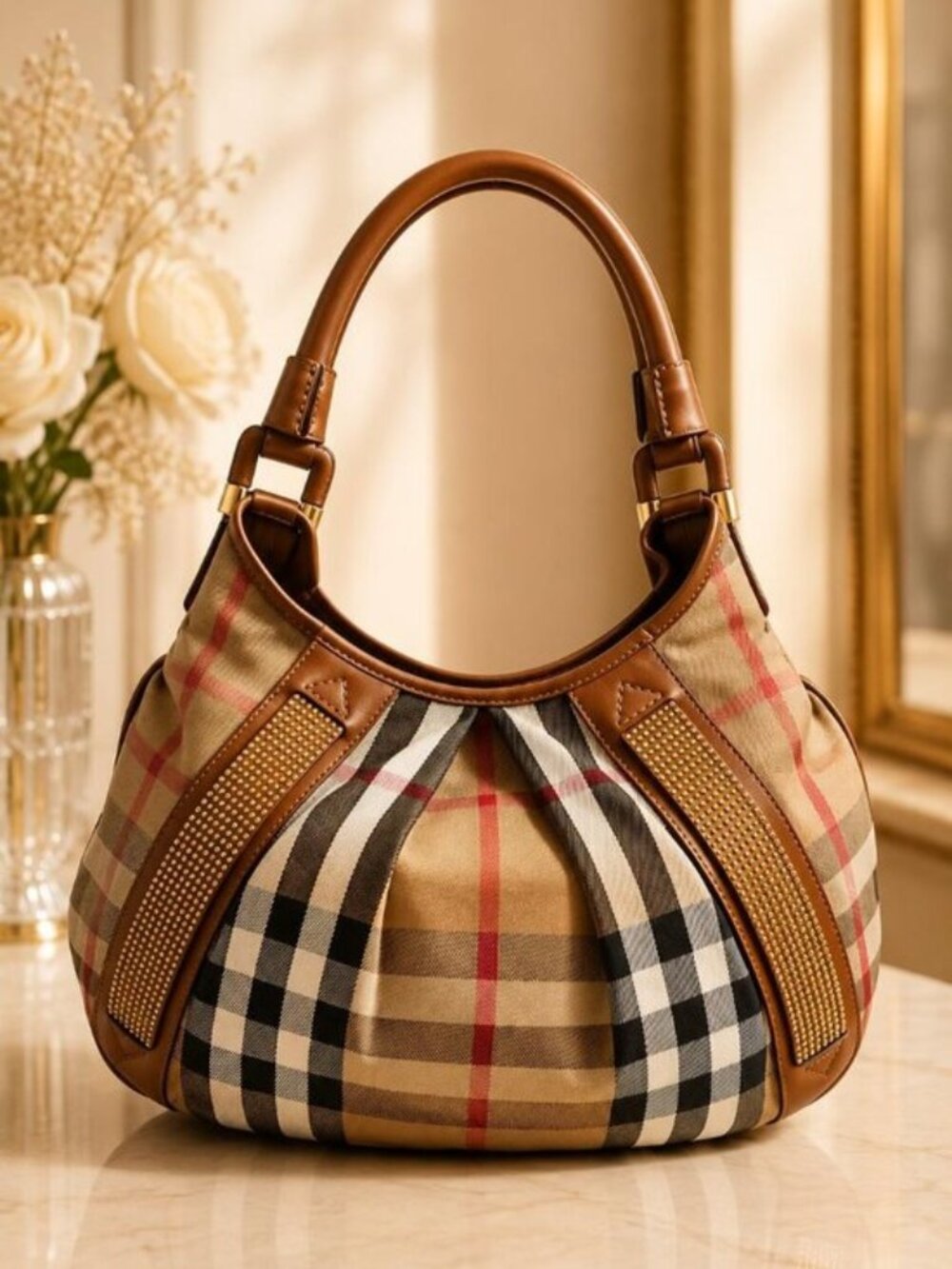 Authentic Burberry Nova Check Studded Hobo Shoulder Bag Leather Canvas